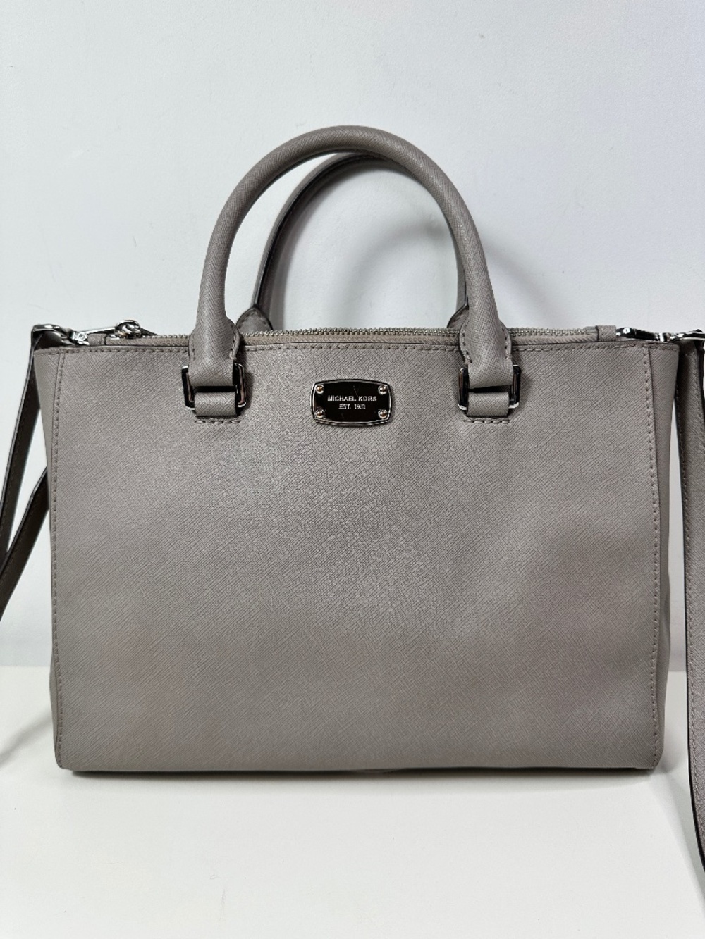 MICHAEL KORS Kellen Med Convertible Satchel Gray Safiano Leather Bag Tote